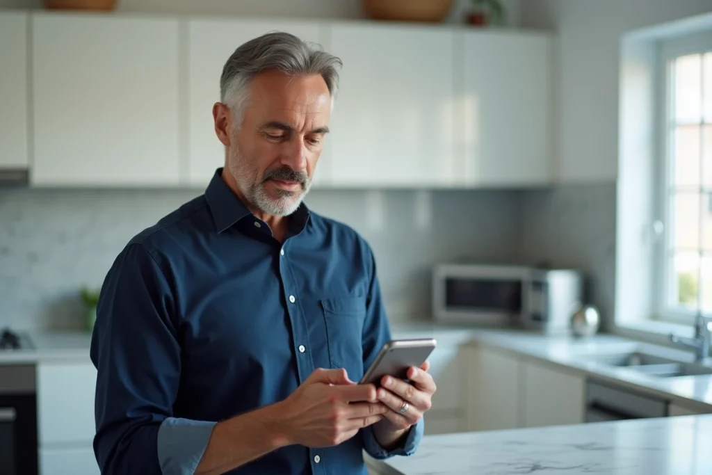 Homme consultant son smartphone avec un message d'erreur lors de la connexion à son compte Book and Pay dans une cuisine moderne