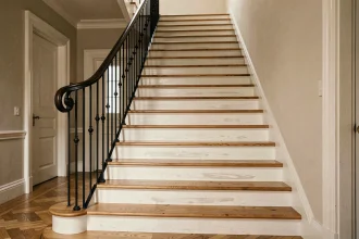 Escalier en bois rénové avec marches en chêne verni et contremarches blanches dans une maison française