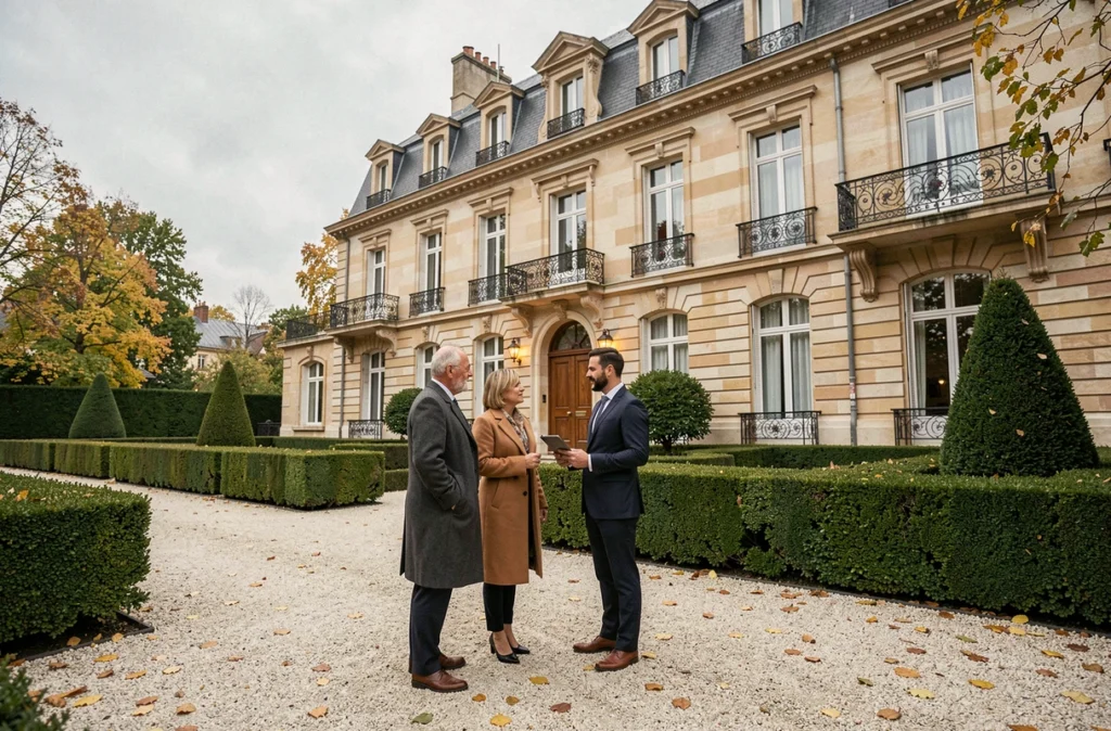 Couple propriétaire discutant estimation immobilière avec un consultant devant un manoir haussmannien