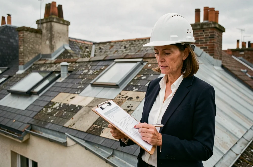 Architecte ou expert bâtiment examinant une toiture commune avec documents techniques à Paris