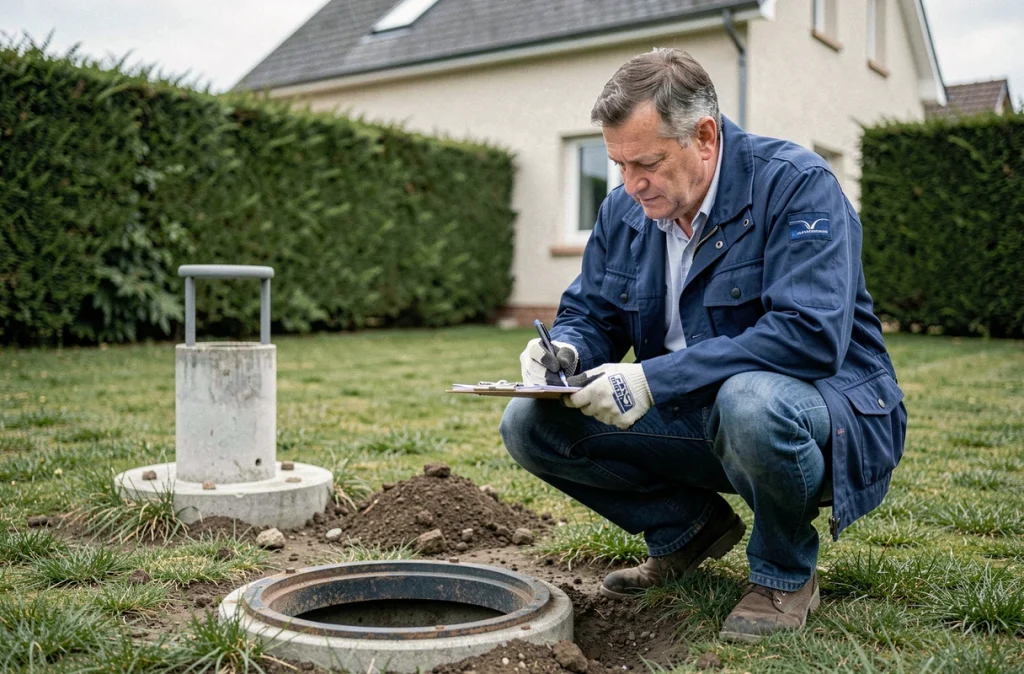 Expert en assainissement inspectant une fosse septique lors d'un diagnostic immobilier avant vente de maison