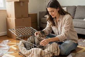 Femme plaçant son chat dans une cage de transport lors d'un déménagement, entourée de cartons