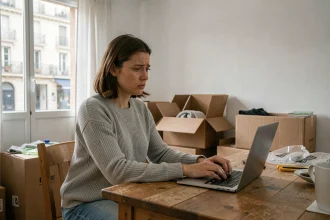 Femme cherchant une location urgente sur Le Bon Coin dans un appartement en cours de déménagement dans l'Aude