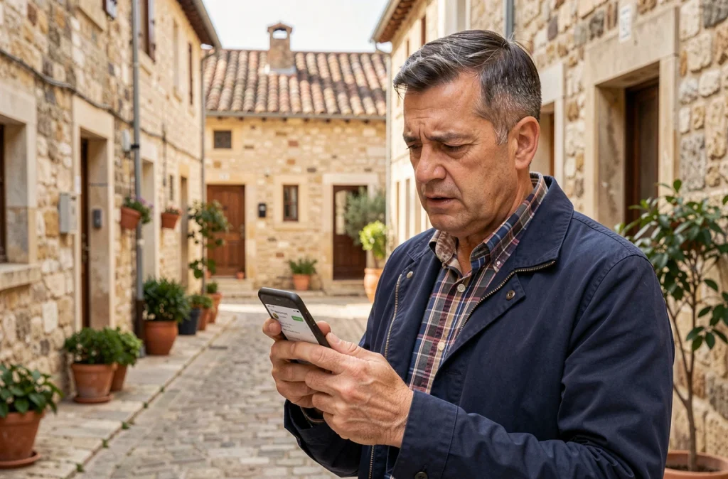 Homme consultant une annonce immobilière sur son téléphone dans une rue de village de l'Aude
