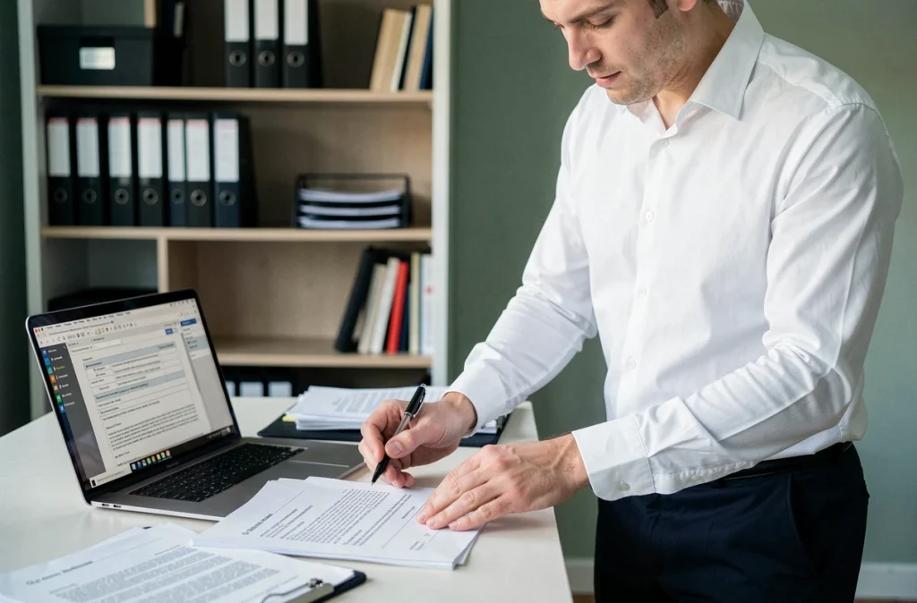 Homme consultant des documents juridiques de colocation à son bureau pour préparer un préavis