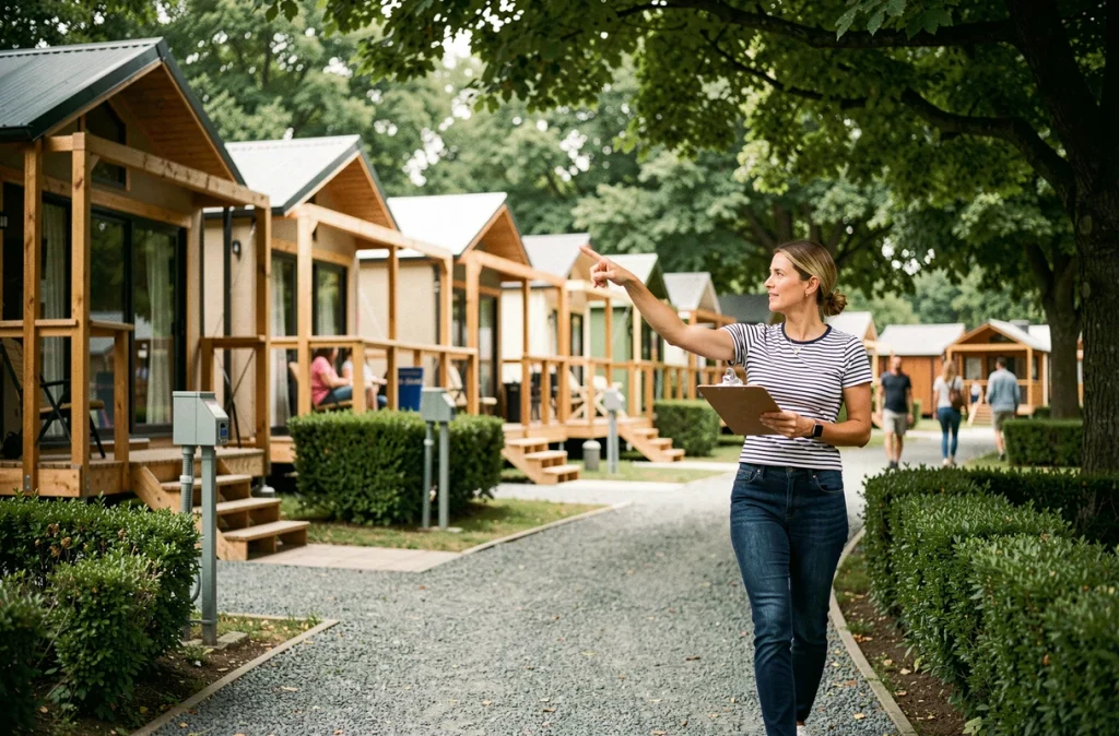 Une femme inspectant les installations d'un camping avec des tentes glamping modernes sur terrasse en bois