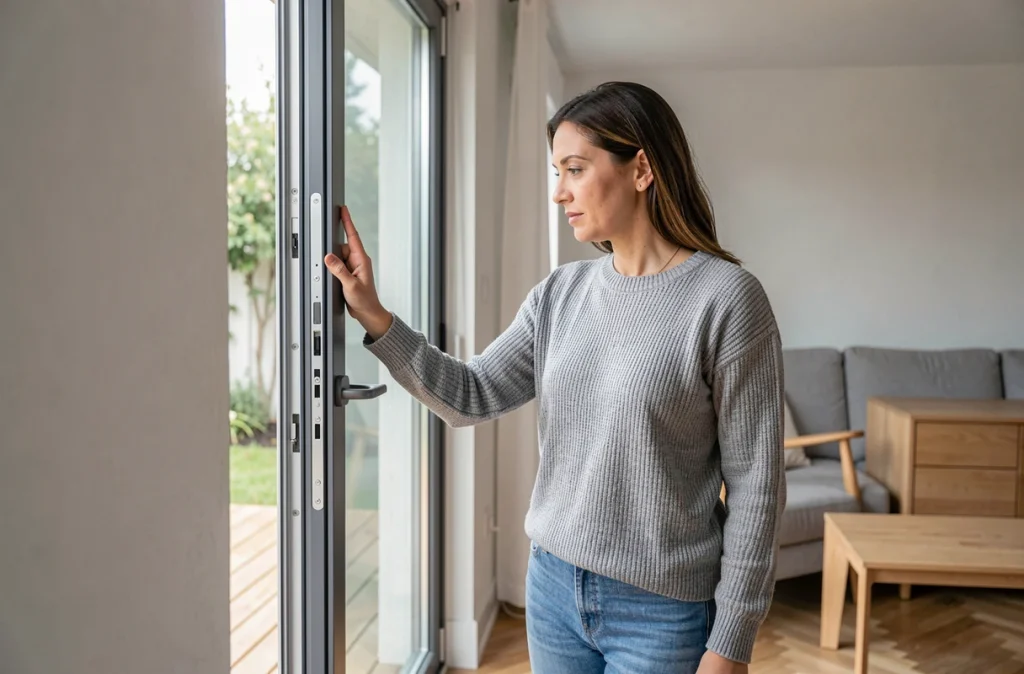 Femme inspectant l'étanchéité d'une porte-fenêtre en aluminium nouvellement installée dans un salon moderne