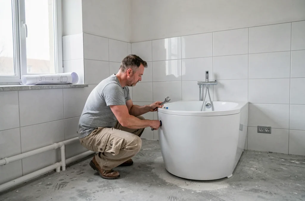 Plombier installant une nouvelle baignoire lors d'une rénovation complète de salle de bains