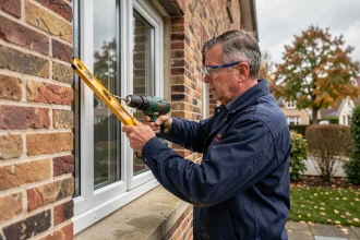 Artisan posant une fenêtre double vitrage en PVC sur une maison traditionnelle pour améliorer la performance énergétique