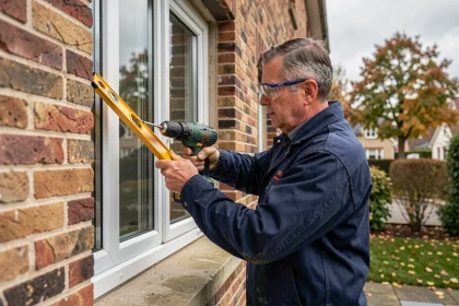 Artisan posant une fenêtre double vitrage en PVC sur une maison traditionnelle pour améliorer la performance énergétique