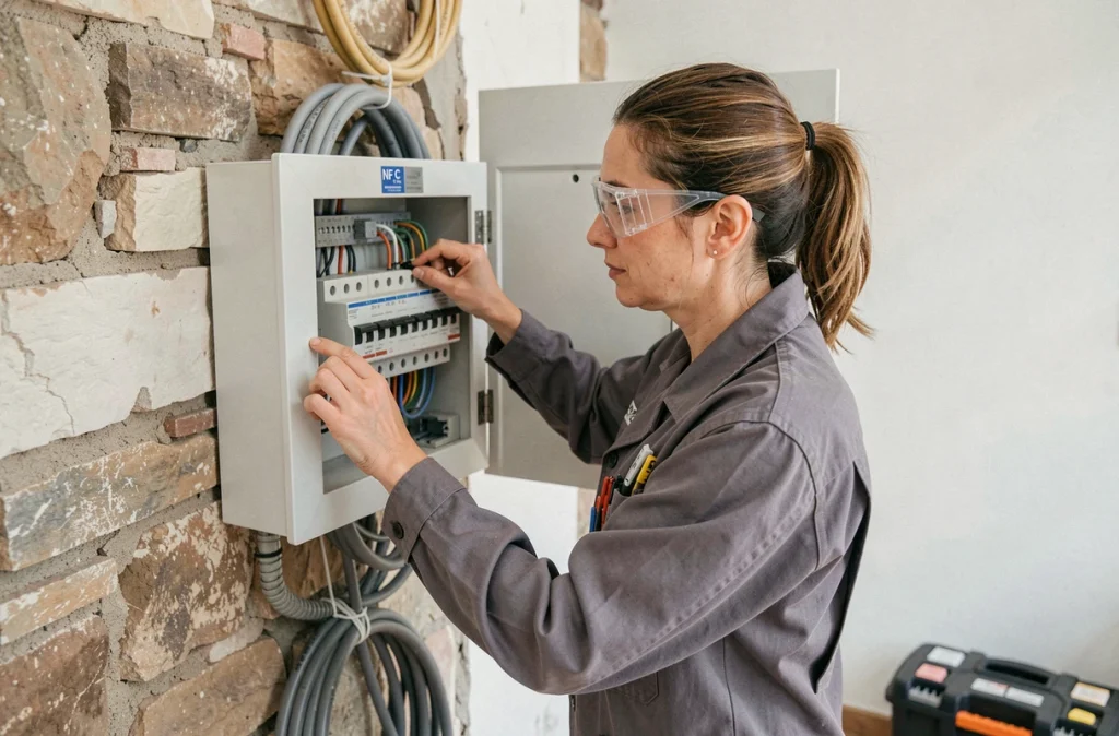 Électricienne installant un nouveau tableau électrique aux normes NF C 15-100 dans un appartement rénové à Pézenas