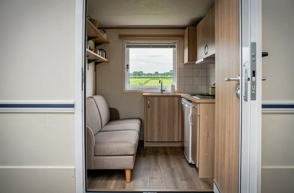 Intérieur d'un mobil home aménagé en résidence secondaire avec vue sur la campagne vendéenne