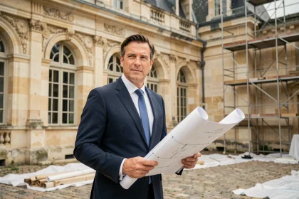 Investisseur en costume marine tenant des plans architecturaux devant un château historique en cours de restauration en France