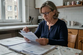 Locataire HLM examinant des documents de surloyer à la table de sa cuisine dans un appartement social