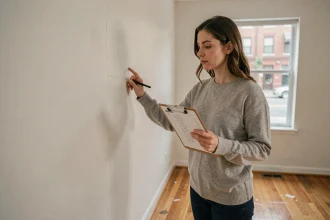 Locataire inspectant minutieusement les murs d'un appartement vide lors de l'état des lieux de sortie avec un formulaire de contrôle