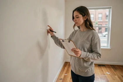 Locataire inspectant minutieusement les murs d'un appartement vide lors de l'état des lieux de sortie avec un formulaire de contrôle