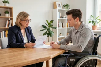 Propriétaire et locataire en fauteuil roulant signant un contrat de location solidaire dans un appartement moderne