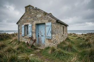 Petite maison de pêcheur en pierre avec volets bleus et ancre rouillée près de la côte bretonne