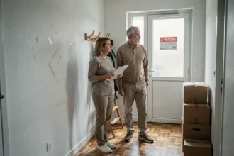 Couple séparé dans le couloir d'une maison à vendre lors d'un divorce, entouré de cartons et documents juridiques