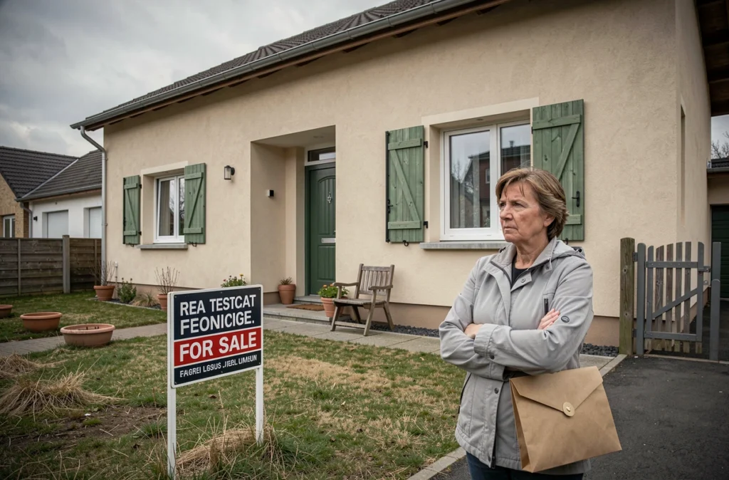 Femme devant une maison à vendre en urgence suite à un divorce et une succession, panneau immobilier visible