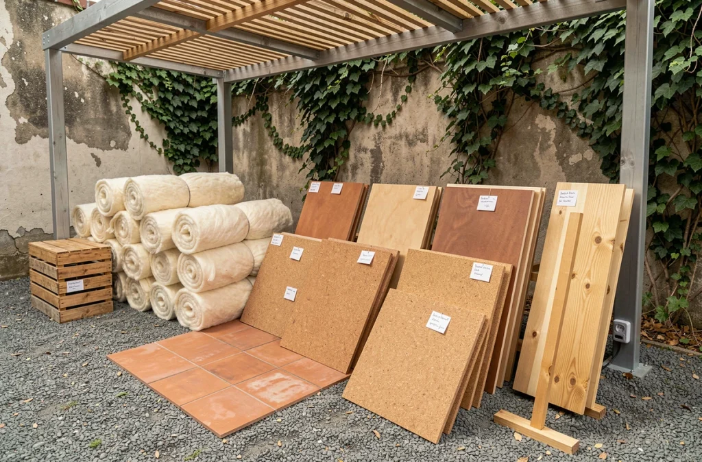 Présentoir extérieur de matériaux de construction écologiques incluant carrelage en terre cuite, laine de mouton et liège dans une cour de négoce spécialisé