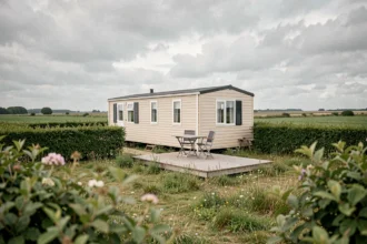 Mobil home sur parcelle de terrain en Vendée entouré de végétation, idéal comme résidence secondaire