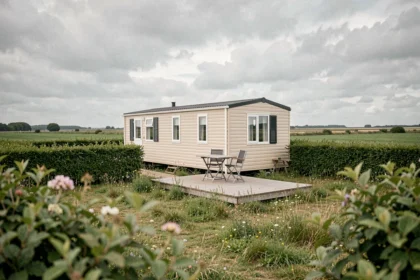 Mobil home sur parcelle de terrain en Vendée entouré de végétation, idéal comme résidence secondaire
