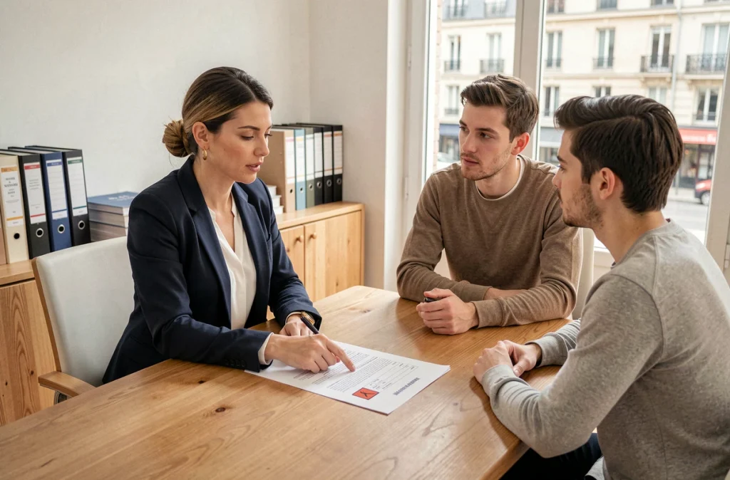 Agent immobilier négociant le prix d'une maison avec fosse septique non conforme lors d'une réunion chez le notaire