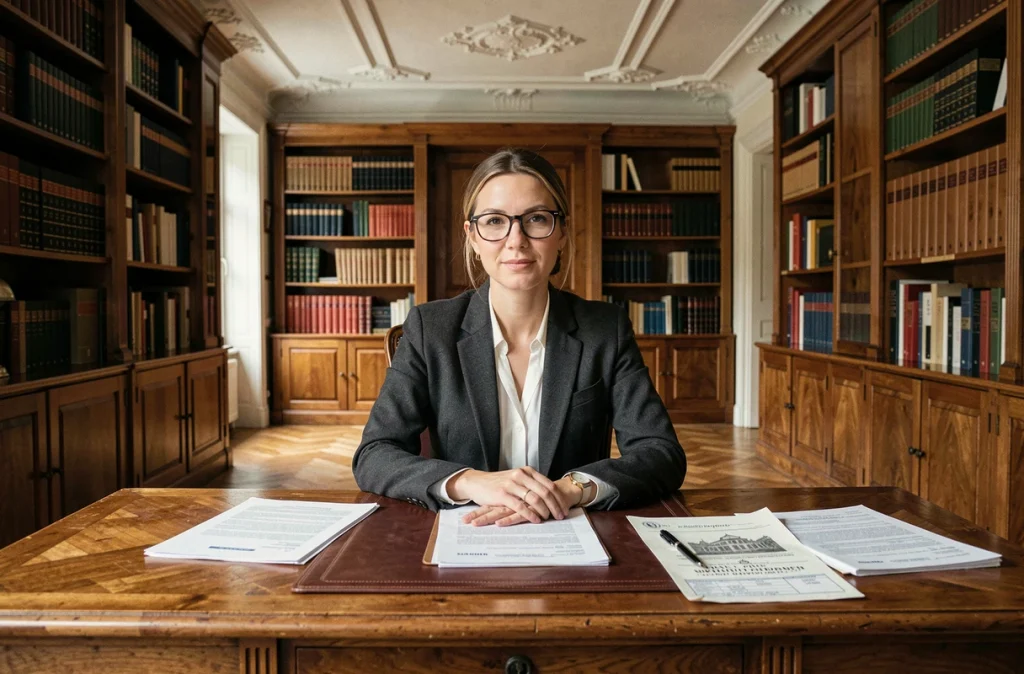 Notaire étudiant des documents fiscaux liés à l'investissement dans un monument historique dans un bureau parisien classique