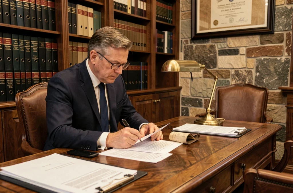 Notaire examinant des documents de succession et de divorce autour d'une vente immobilière urgente