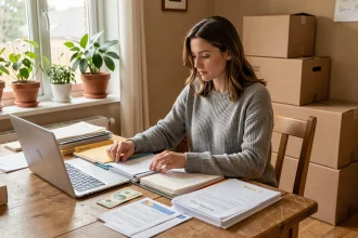 Femme organisant ses abonnements et courriers administratifs avant un déménagement, entourée de cartons et de documents