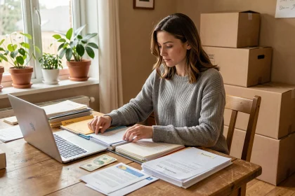 Femme organisant ses abonnements et courriers administratifs avant un déménagement, entourée de cartons et de documents