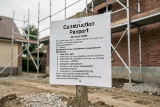 Panneau de permis de construire affiché sur un chantier résidentiel avec informations réglementaires visibles