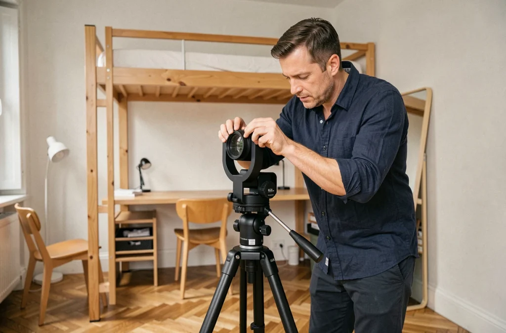 Photographe immobilier installant une caméra 360 dans un studio parisien pour réaliser une visite virtuelle professionnelle
