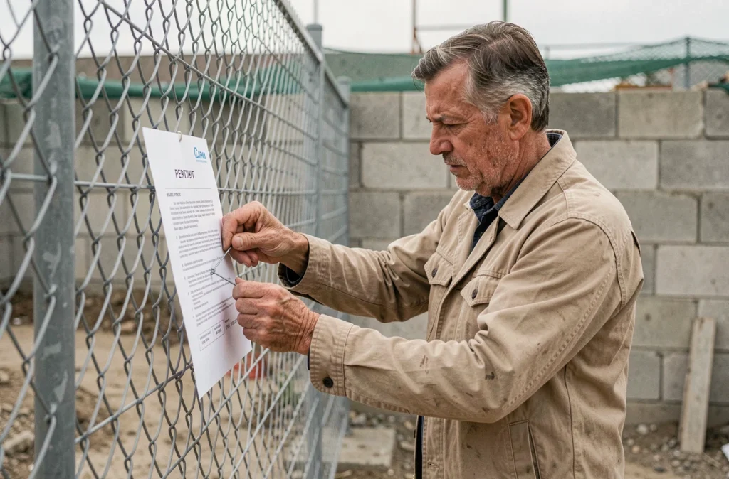 Homme fixant un avis de permis de construire sur un grillage de chantier avec soin