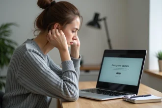 Femme frustrée face à un problème de connexion sur son compte Book and Pay depuis un ordinateur portable à domicile