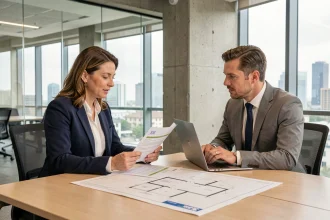 Professionnels de l'immobilier examinant des documents RSE lors d'une réunion dans une agence moderne avec vue sur la ville