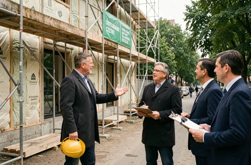 Promoteur immobilier et élus locaux devant un chantier de construction durable portant une certification RSE en milieu urbain