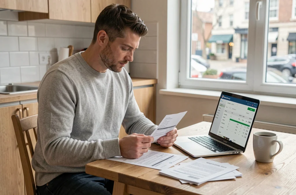 Propriétaire vérifiant le virement de son loyer via un portail de gestion locative en ligne depuis son domicile
