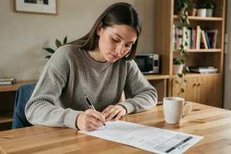 Jeune femme rédigeant une lettre de préavis pour une colocation à une table de cuisine en bois