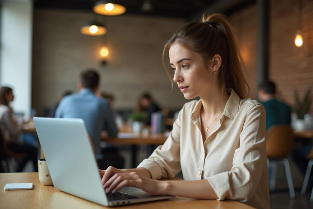 Jeune femme réinitialisant son mot de passe pour accéder à son compte Book and Pay dans un espace de coworking