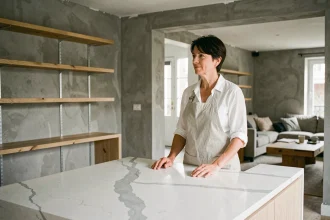 Femme renovant une cuisine ouverte dans un appartement parisien avec un ilot central en quartz