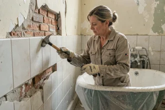 Femme en train de retirer des carreaux anciens dans une salle de bains en cours de rénovation