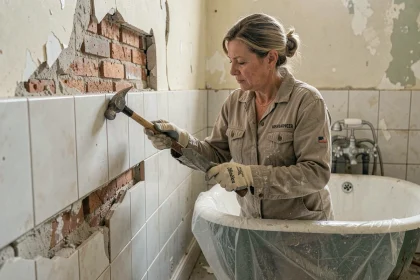 Femme en train de retirer des carreaux anciens dans une salle de bains en cours de rénovation