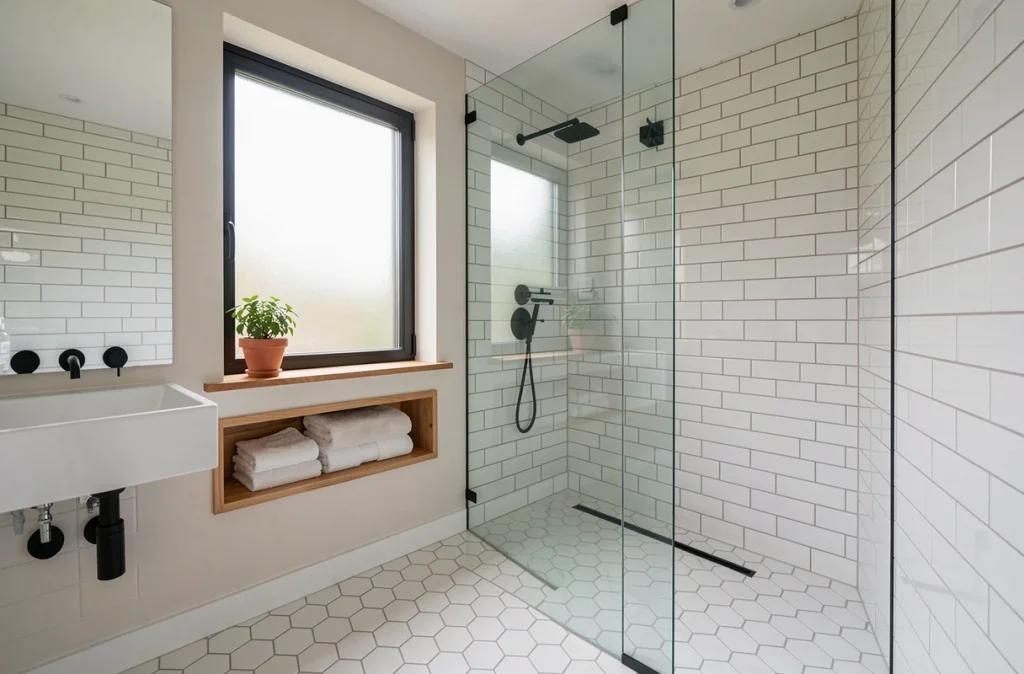 Salle de bains entièrement rénovée avec douche à l'italienne, carrelage moderne et robinetterie noire mate