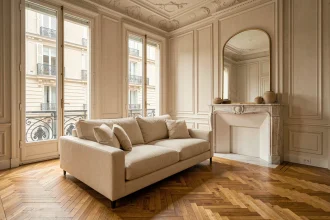 Salon haussmannien rénové avec moulures d'époque, parquet en chevrons et mobilier contemporain sobre en harmonie avec l'architecture originale