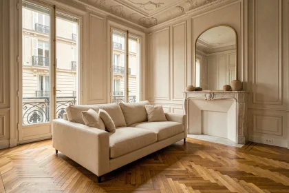 Salon haussmannien rénové avec moulures d'époque, parquet en chevrons et mobilier contemporain sobre en harmonie avec l'architecture originale