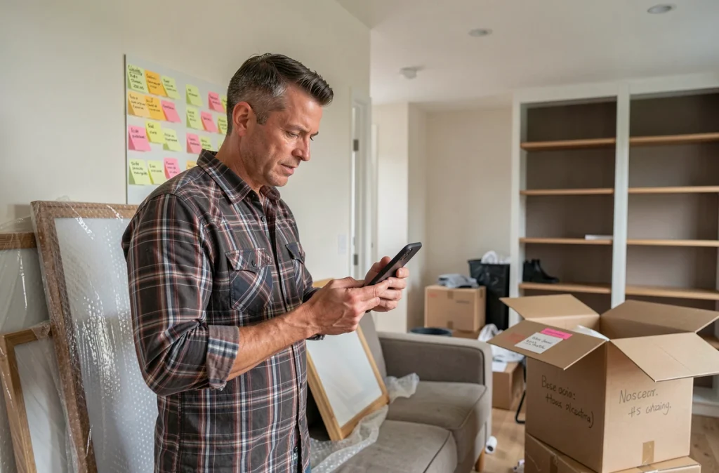 Homme gérant ses abonnements en ligne avec son smartphone dans un appartement en cours de déménagement