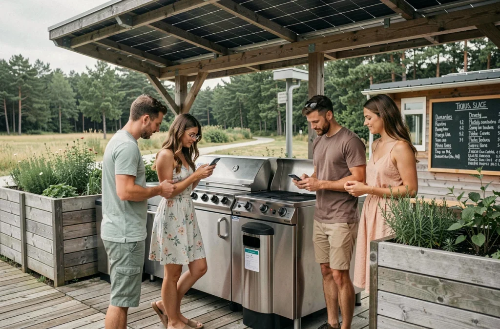 Des vacanciers évaluant les équipements collectifs d'un camping éco-responsable avec cuisine extérieure partagée