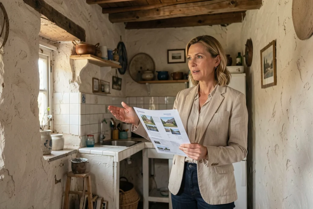 Agent immobilier présentant l'intérieur d'une petite maison de pêcheur lors d'une visite immobilière